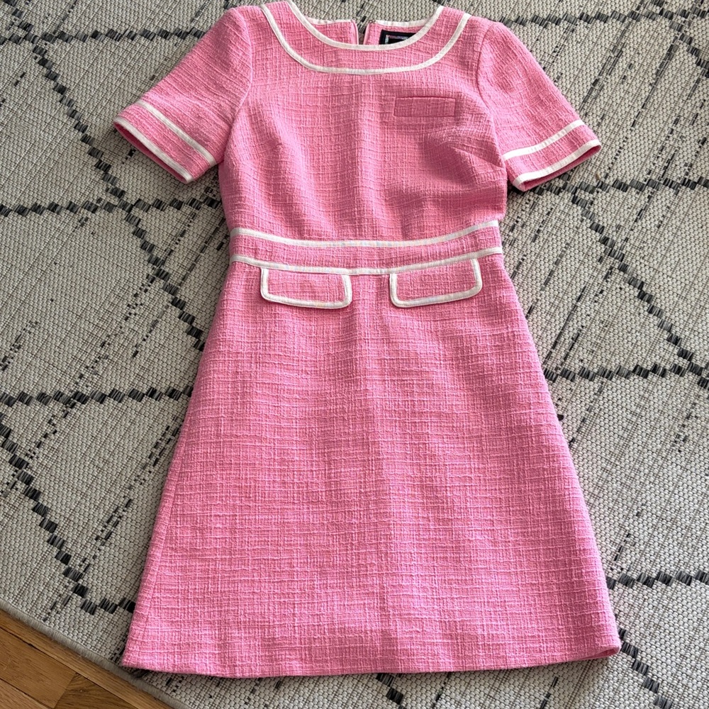 Pink Textured A-Line Dress with White Trim